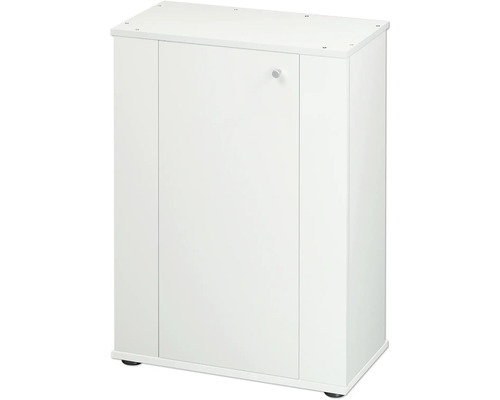 Meuble bas blanc avec une porte et un petit bouton de meuble argenté rond.