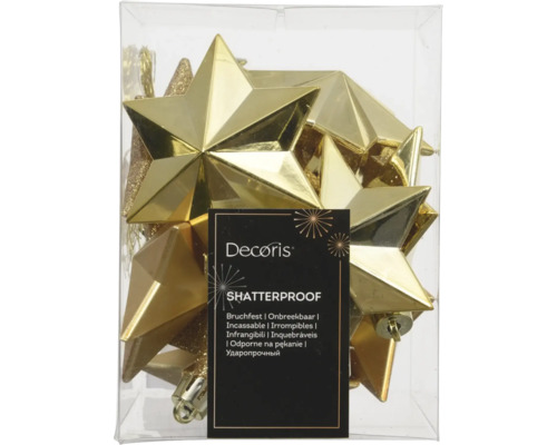Étoiles de Noël dorées en plastique, incassables, finitions brillantes et pailletées, marque Decoris.
