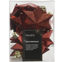 Étoiles de Noël rouges incassables de Decoris dans un emballage avec différentes finitions de surface.
