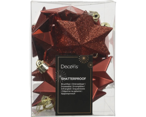Étoiles de Noël rouges incassables de Decoris dans un emballage avec différentes finitions de surface.