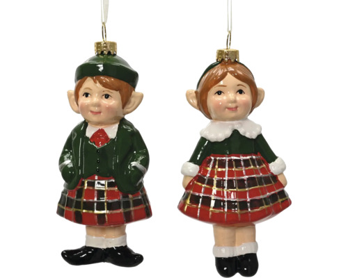 Weihnachtsbaumschmuck aus Glas in Form von zwei schottischen Elfen mit Kilts und Karomuster.