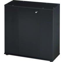 Meuble bas noir pour aquarium avec trois portes et une poignée ronde en métal.