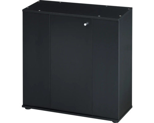 Meuble bas noir pour aquarium avec trois portes et une poignée ronde en métal.