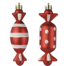 Décorations de Noël en forme de bonbon en verre avec des rayures et des pois rouges et des paillettes blanches.