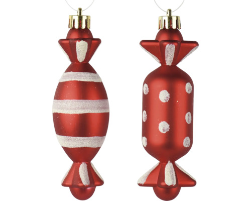 Décorations de Noël en forme de bonbon en verre avec des rayures et des pois rouges et des paillettes blanches.