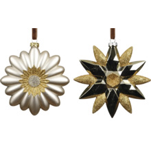 Décorations de Noël en verre en forme de fleur et d'étoile avec paillettes dorées.