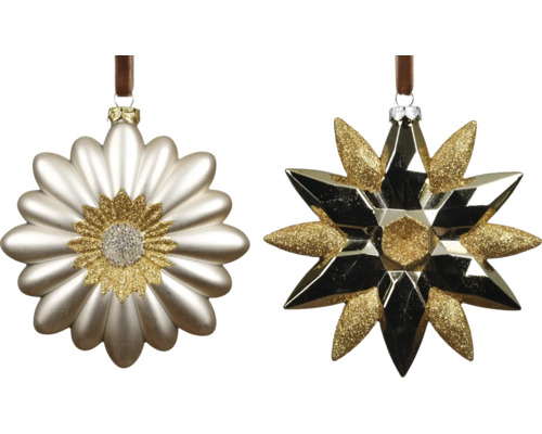 Décorations de Noël en verre en forme de fleur et d'étoile avec paillettes dorées.