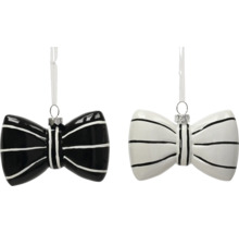 Christbaumschmuck-Set Schleife, 2 Stéck, schwaarz a wäiss gesträift, mat Metallöse a wäissem Band.