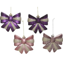 Décorations de Noël en forme de nœuds violet et rose avec paillettes argentées.