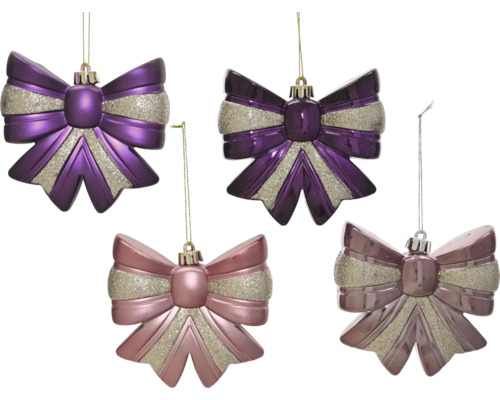 Décorations de Noël en forme de nœuds violet et rose avec paillettes argentées.