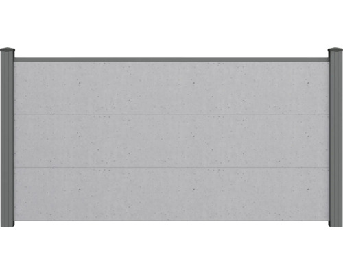 Clôture brise-vue aspect béton avec trois panneaux horizontaux et poteaux anthracite.