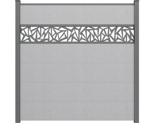 Clôture pare-vue aspect béton avec élément de grille décoratif au design géométrique et cadre sombre.