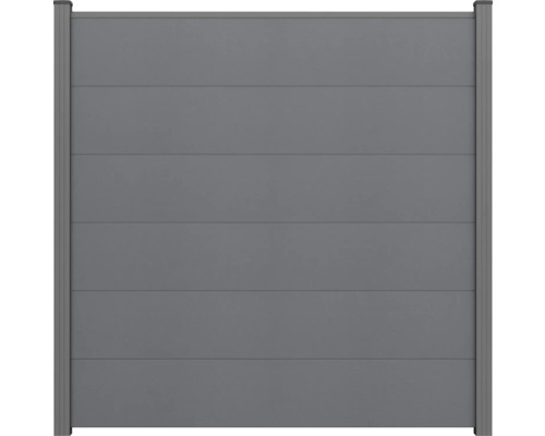 Clôture brise-vue en WPC avec lames horizontales et poteaux assortis en anthracite.