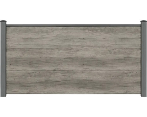 Clôture de jardin aspect bois avec trois larges panneaux horizontaux et des poteaux métalliques gris.