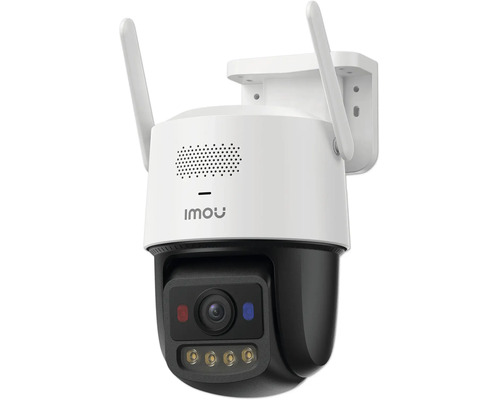 Caméra de surveillance extérieure rotative Imou blanche et noire avec deux antennes et support mural.