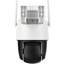 Caméra de surveillance extérieure blanche et noire avec deux antennes, vue arrière.