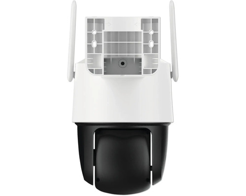 Caméra de surveillance extérieure blanche et noire avec deux antennes, vue arrière.