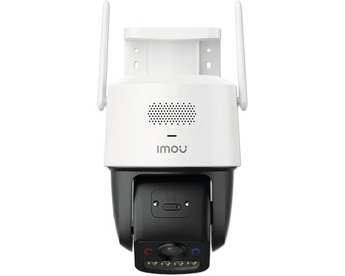 Caméra de surveillance Wi-Fi Imou pour extérieur avec fonction panoramique et inclinaison, antennes et haut-parleur intégré.