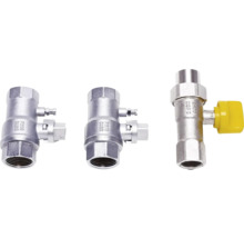 Trois vannes d arrêt métalliques pour gaz et eau, deux robinets à boisseau sphérique et un robinet de gaz avec poignée jaune.