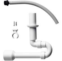 Siphon blanc gain de place en plastique pour lavabos, comprenant un tuyau flexible, un clip de fixation, une vis et une cheville.