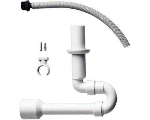 Siphon blanc gain de place en plastique pour lavabos, comprenant un tuyau flexible, un clip de fixation, une vis et une cheville.