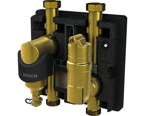 Bosch Pumpengruppe aus Messing mit Isolierung und Bosch Logo.