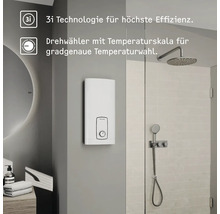 Moderner Durchlauferhitzer mit hocheffizienter 3i Technologie und Drehwähler für präzise Temperaturwahl im Badezimmer neben einer Dusche.