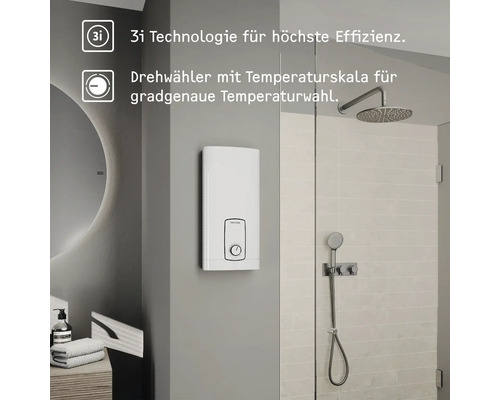 Moderner Durchlauferhitzer mit hocheffizienter 3i Technologie und Drehwähler für präzise Temperaturwahl im Badezimmer neben einer Dusche.