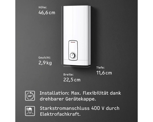 Weißer Stiebel Eltron Durchlauferhitzer, Höhe 46,6 Zentimeter, Breite 22,5 Zentimeter, Gewicht 2,9 Kilogramm, 180 Grad drehbare Kappe, 400 Volt.