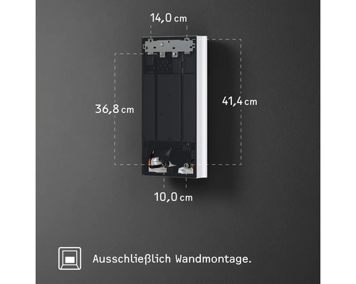 Maßzeichnung eines Elektrogeräts zur Wandmontage mit Abmessungen von 41,4 Zentimeter Höhe und 14,0 Zentimeter Breite.