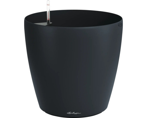 Pot de fleurs rond Lechuza Classico noir avec système d'arrosage intégré et indicateur de niveau d'eau.