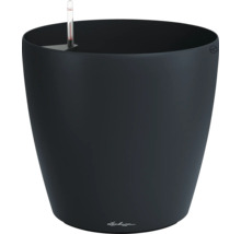 Jardinière ronde en plastique noir avec système d arrosage intégré et indicateur de niveau d eau.