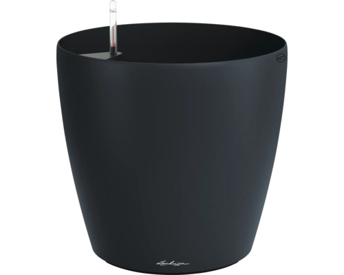 Jardinière ronde en plastique noir avec système d arrosage intégré et indicateur de niveau d eau.