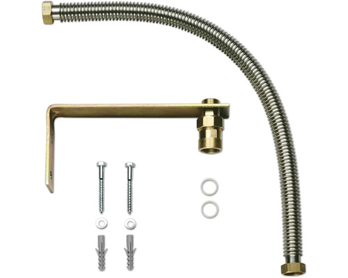 Kit de tuyau de gaz avec tuyau flexible ondulé, support mural, vis et chevilles.