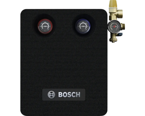 Groupe de pompage Bosch avec deux thermomètres et un ensemble de vannes avec manomètre. Bosch Logo.