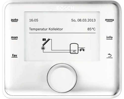 Bosch Logo. Unité de commande avec écran numérique et bouton rotatif pour systèmes solaires thermiques affichant la température du capteur.