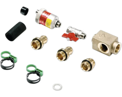 Kit de raccordement pour chauffage et solaire avec purgeur automatique, robinet à boisseau sphérique, raccords en laiton et colliers.