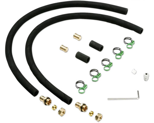 Kit de raccordement comprenant des tuyaux en caoutchouc, des raccords en laiton, des colliers de serrage et une clé Allen.