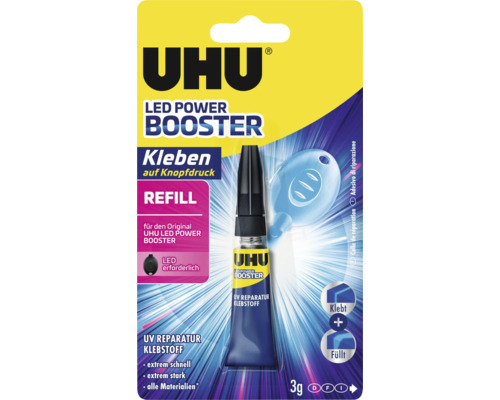 Colle de réparation Ultraviolet UHU LED Power Booster Refill tube 3 grammes pour coller et remplir tous les matériaux rapide et forte.