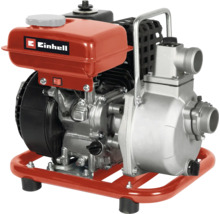 Pompe à eau thermique Einhell avec cadre métallique, réservoir rouge et corps de pompe argenté.