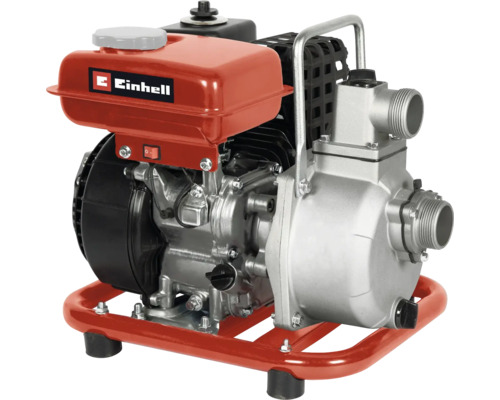 Pompe à eau thermique Einhell avec cadre métallique, réservoir rouge et corps de pompe argenté.