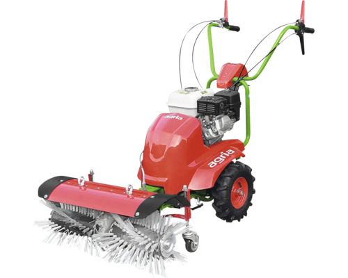 Agria handgeführte Kehrmaschine mit Frontbesen, Motor und großen Profilreifen für die Bodenreinigung im Außenbereich.