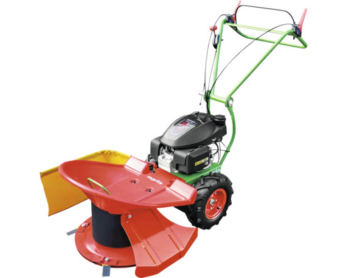 Motofaucheuse Agria avec faucheuse rotative rouge, châssis vert et moteur noir.