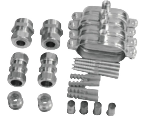 Kit de fixation en métal contenant des supports, des connecteurs, des vis et des chevilles.