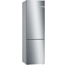 Combiné réfrigérateur-congélateur Bosch aspect inox avec deux portes et poignées intégrées.