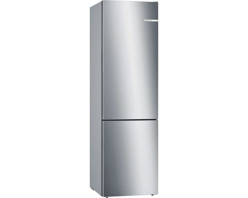Combiné réfrigérateur-congélateur Bosch aspect inox avec deux portes et poignées intégrées.