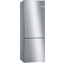 Réfrigérateur-congélateur Bosch combiné pose libre en aspect inox avec poignée intégrée.