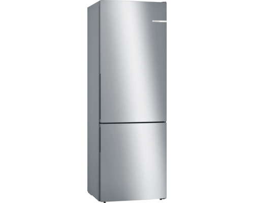 Réfrigérateur-congélateur Bosch combiné pose libre en aspect inox avec poignée intégrée.
