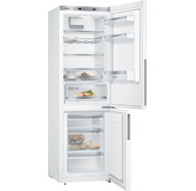 Réfrigérateur combiné Bosch blanc, portes ouvertes, compartiments VitaFresh, porte-bouteilles, trois tiroirs de congélateur avec BigBox.
