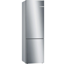 Réfrigérateur-congélateur Bosch en acier inoxydable avec deux portes et poignées intégrées.